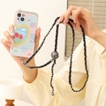 Black leather woven metal phone strap with decorative gold spheres and heart pattern - Gunmetal Black with Black Leather