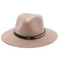 Light pink woven straw Fedora hat with brown leather band and golden geometric buckle - M / Dusky Pink