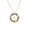 Collana dorata con pendente circolare, zirconi colorati e una croce posta al centro - Croce Circolare - Multicolore / Oro con zirconia multicolore
