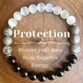 Three-color natural gemstone bracelet with white, grey marble, and black beads - Moonstone Obsidian Protection