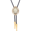 Western bolo tie featuring a white stone with golden ornate trim and black braided cord - 12 (Gold with White Marble)