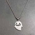Cute stainless steel ghost pendant necklace with silver box chain for Halloween party fashion - Necklace Set (With Pearl Chain) / Silver Sandblasted