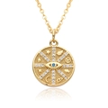 Detail shot of gold-plated medallion necklace featuring blue evil eye and zircon accents - Compass Evil Eye Style (c492)