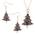 Christmas tree jewelry set with gold necklace and matching green enamel earrings - Red & Green Christmas Tree