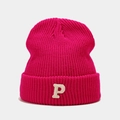 Detail of rose red chunky knit beanie featuring a white embroidered letter P patch - Rose Red