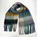 Winter checkered plaid scarf with green grey yellow colors and tassel fringe - 25# (Dark Green Grey Yellow Spliced Plaid)