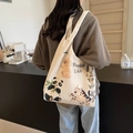 Bolso tote artístico de lona blanco roto con estampados de animales dibujados a mano y asas - Blanco Roto
