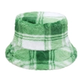 Classic green and white plaid faux fur bucket hat with soft plush texture for winter - Green and White Plaid (C)