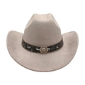 Light gray western cowboy hat with wide brim, brown ribbon and lion head metal emblem - One Size / Grey (Lion Head)