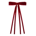 Detailed view of red velvet bow hair clip with four long elegant flowing ribbons - Burgundy