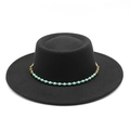 Cappello a cilindro piatto in feltro di lana nero con catena di perline turchesi - Nero