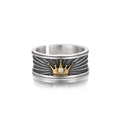 Vintage silver stackable ring for men with golden crown relief and sparkling crystal inlay - Adjustable Open / Crown