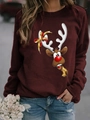 Detailed close-up of Christmas deer print with bow and bell on burgundy sweatshirt - Deep Wine Red