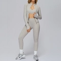 Three-piece heather gray yoga set with zip jacket, sports bra, and high-waist leggings - S / Top And Bottom / White Brown