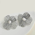 Elegant silver hollow floral earrings with white pearl accents on minimalist beige surface - Silver Hollow Petal Artificial Pearl Earrings (ES2419-4)