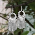 Ethnic style silver tassel earrings with round hollow disc and long metal fringes - Silver Hollow Disc Metal Long Tassel Style (E3037-6)