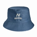 Detailed close-up of dark blue cotton bucket hat with N and GRACE embroidery stitches - 55-58cm / Blue (Grace)