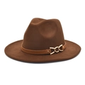 Detail of a brown wool felt fedora featuring a leather strap and gold chain buckle - M (56-58cm) / Coffee