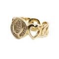 Detailed view of gold copper watch band ring with crystal letter Q and heart charm - Letter Q