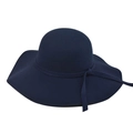 Detailansicht eines dunkelblauen Wollhutes mit welliger Krempe und dekorativer Schleife - Erwachsene 57-60cm / Marineblau Wellenrand