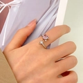 Silver open adjustable ring with pink heart-shaped stone and zircon star accents - Silver Pink Heart Star Ring (K-1548) / Pink