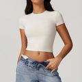 Slim fit quick-dry yoga t-shirt in ivory white paired with folded waist jeans - Cream Apricot