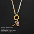 14K gold plated stainless steel necklace with pink gem and letter D pendant - Letter P