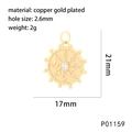Detail view of round copper gold plated tarot sunburst pendant with zircon inlay dimensions - Sun Flower Disk (P01159)