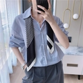Elegant light blue striped shirt paired with a chic black and white geometric silk scarf - Black Stripe