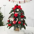 Mini 40cm flocked Nobel Fir desktop Christmas tree with red bows and pine cones - White-tipped Noble Fir (Red Set)