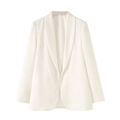 Flat lay of a white women's shawl collar blazer with an open-front and sleek side pockets - S / White