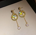 Golden drop earrings with black clover, white daisy charms, and hanging crystals - Gold Daisy Long Chain Style (HE27263)