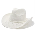 Sombrero de vaquero de paja blanca con ala ancha y cadena de perlas para protección solar - M(56-58cm) / Blanco