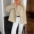 Women's khaki short double-breasted trench coat with long sleeves and buttons - S / Khaki