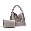 Silver hand-woven metallic hobo bag and matching pouch set with leather weave texture - Silver Grey