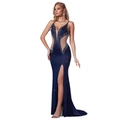 Deep blue sleeveless evening gown with sparkling rhinestones and high slit fishtail hem - XS / Navy Blue