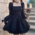 Gothic black long sleeve princess dress with lace trim and corset waist lace-up detail - S / Black