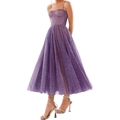 Elegant purple sequin corset dress with thin straps and a voluminous A-line skirt - US size 2 (S) / Bottoms / Purple