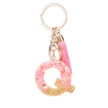 Pink resin letter Q keychain with gold foil flakes and matching pink tassel accessory - Pink Gold Foil Q