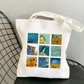 White canvas tote bag featuring Van Gogh oil painting prints on a modern black chair - Masterpiece Grid C (STD525-V)