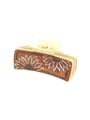 Detail of western cowgirl hair claw clip with brown leather sunflower pattern and blue border - Beige Brown Sunflower Patchwork (90092)
