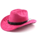 Détail du chapeau de cowboy en daim fuchsia avec ceinture en cuir tressé noir et coutures - M (56-58cm) / Rose rouge