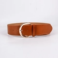 Minimalist wide brown leather belt featuring a round gold buckle for women's casual outfits - Camel Belt Style / 100cm