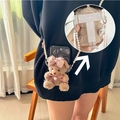 Brown teddy bear phone holder with pink bow and white pearl chain strap accessory - Pink Bow Pearl Brown Bear (T-Plate Phone Clip)