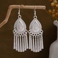 Silver bohemian drop earrings with leaf filigree and hollow cylinder tassel pendants - Silver Hollow Drop Tassel(E2871-16)