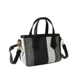 Striped black and white canvas tote bag with black leather straps and gold metal hardware - Black