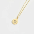 Minimalist gold necklace featuring a round pendant with letter Q in white crystals - Letter Q