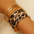 Vintage leopard print multi-layer bracelet set with golden rings for stylish women - Leopard Multi Layer Bracelet Set Style 04 (A-1159)