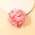 Handmade pink ribbed ribbon hair tie in a floral puff shape for children's hair styling - Pink
