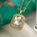 Chic gold pendant necklace featuring a large rectangular zircon stone with halo setting - Gold Clear White